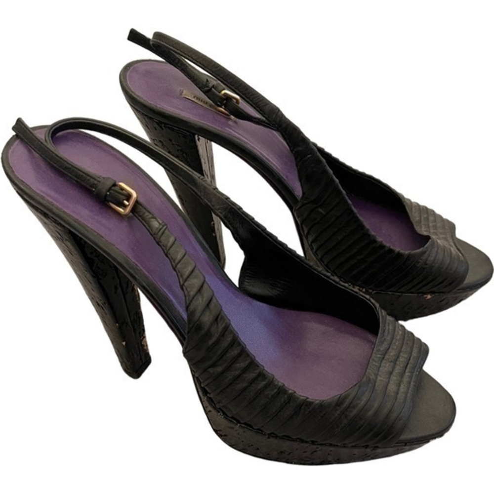 Miu Miu Black Pleated Leather Peep Toe Platform Slingback Sandals